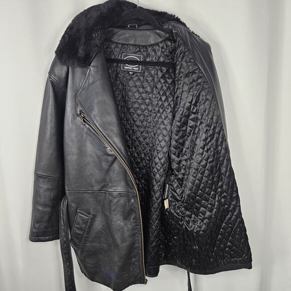 Vtg 90s Tannery West Black Leather Jacket Mens Large Belted Coat Faux Fur Trim - Picture 4 of 14